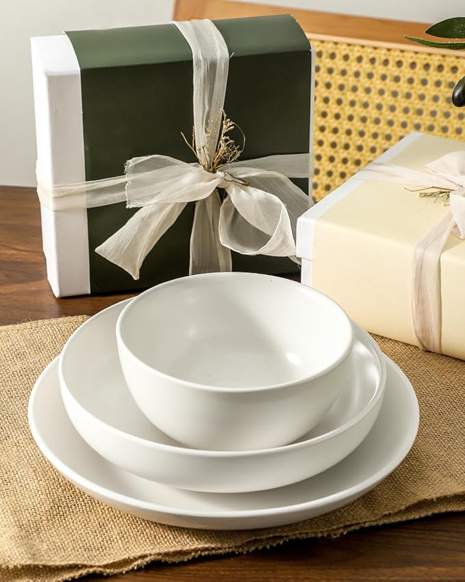 Stoneware plates and bowls sets, 12 Pieces Dinnerware Sets, Dishes Set for 4,Kitchen Essential of Scratch-Resistant Ceramic Plates Set, Microwave and Dishwasher Safe Tableware- Matte white