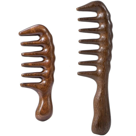 Wooden Wide Tooth Comb for Curls, 2 Pcs Thicken Natural Sandalwood Hair Combs for Women and Men, Detangles Long Thick Wet or Dry Hair, Head Scalp Massager, Anti-static (Golden, Long&Short)