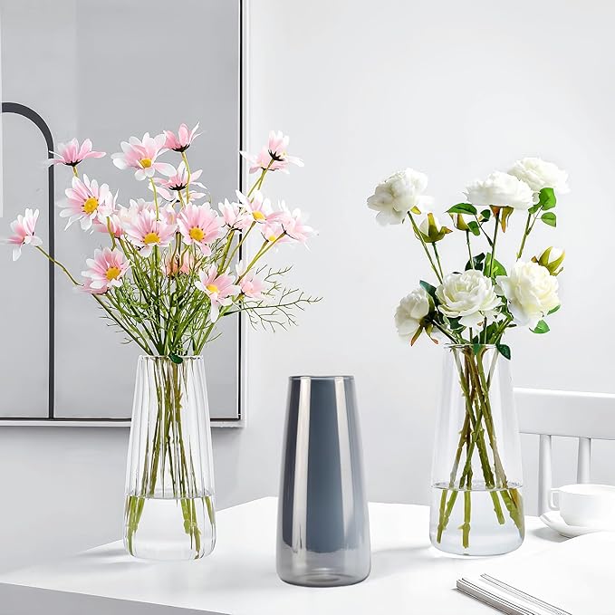 Crystal Clear Glass Vase, Flower Vase for Table Centerpiece Home Decor, Modern Vases for Living Room, Wedding, Office, Coffee Table, Birthday Housewarming Gift, 8.3inch (Clear)