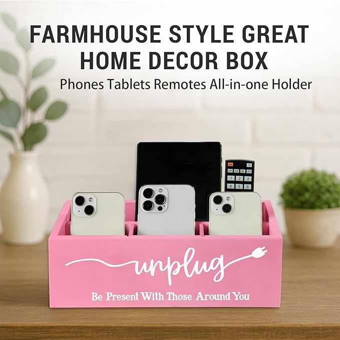 Bamboo Wood Phone Box – Unplug from Phones, Tablets, and Electronics for Study, Meetings, and Family Time, Phone Holder Organizer with Charging Holes, Farmhouse Style, Holds Up to 18 Phones-Pink