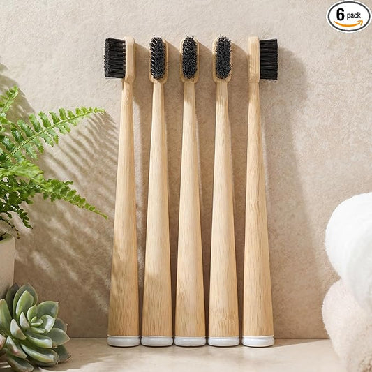 6 Pcs Horse Bristle Bamboo Toothbrush Soft Natural Bristle Bamboo Toothbrush (No Nylon, Horse Hair Only) Totally Compostable Biodegradable Zero Waste Plastic Free(Horsehair,Tail Spine)