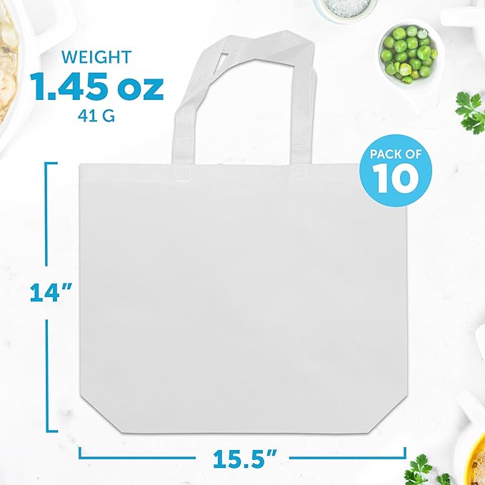 DISCOUNT PROMOS Jumbo Sized Tote Bags Set of 10, Bulk Pack - Reusable Grocery Bags, Shopping Bags, Promotional Item Totes for Women - White