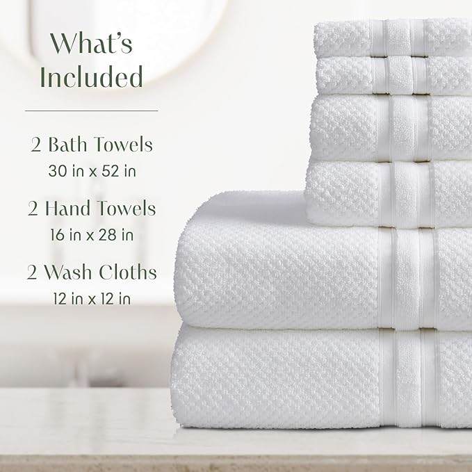 Springtree Home White Bath Towels Set of 6 | Popcorn Textured | 100% Combed Cotton | Absorbent Quick-Dry Towels for Bathroom | Oeko-TEX® Standard 100 Cotton | Poli Collection - Bright White