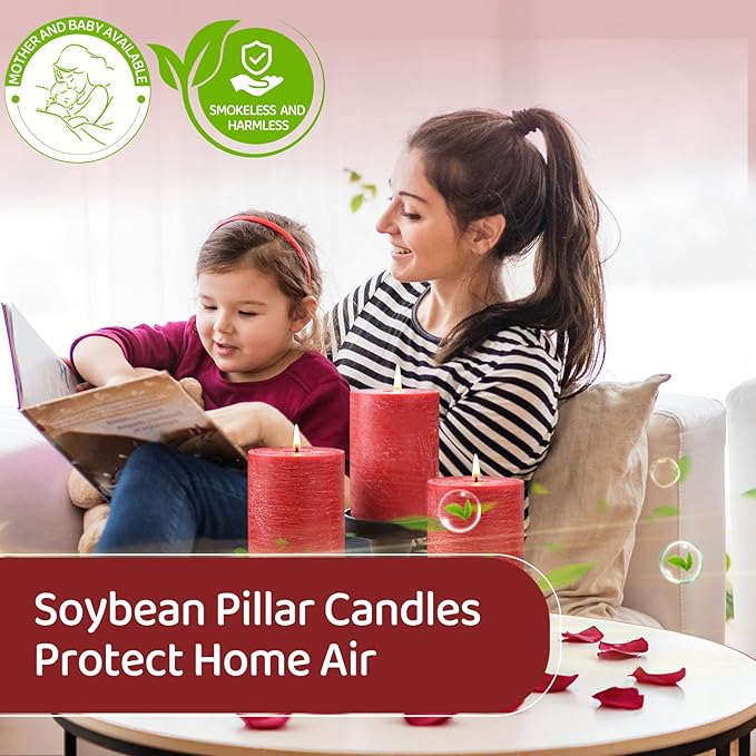 6 Pack Red Pillar Candles,Natural Soy Pillar Candles,55 H Long Lasting Burning 2.8x4in-Unscented,Dripless and Smokeless Rustic Red Hand-Poured Candles Dinner Table, for Christmas,Wedding,Home Decor