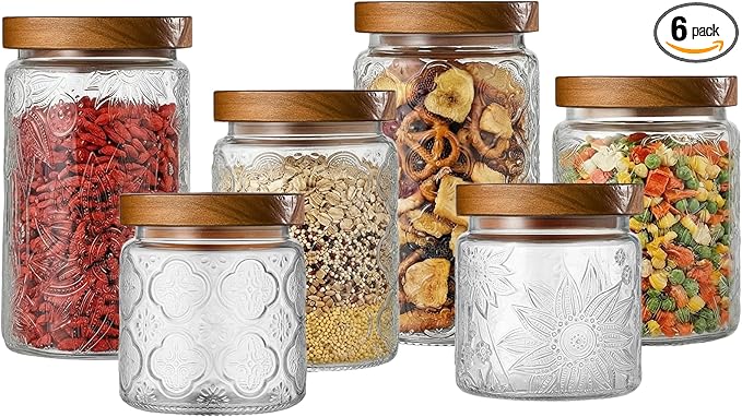 6 Pcs Vintage Glass Jar with Wooden Lid 17/24/34 oz Glass Airtight Food Storage Container with Lid Jar Begonia Sunflower Pattern for Kitchen Sugar Coffee Tea Beans Candy Cookie