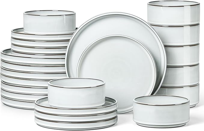 Herogo 24 Pieces Stoneware Dinnerware Set for 8, Ceramic Dinner Dishware Sets for Home Kitchen, Plates and Bowls with Rustic Terracotta Bottom, Dishwasher & Microwave Safe, Icy White