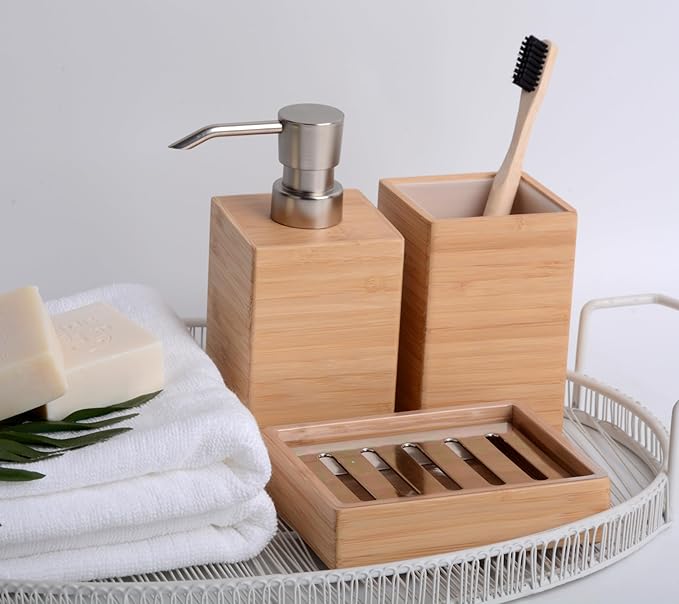 Bamboo Bathroom Accessories Set, 3 Pcs Wood Bathroom Accessories Soap Dispenser, Toothbrush Holder, Soap Dish, Kitchen Soap Dispenser Set for Home Decor, Housewarming Gift