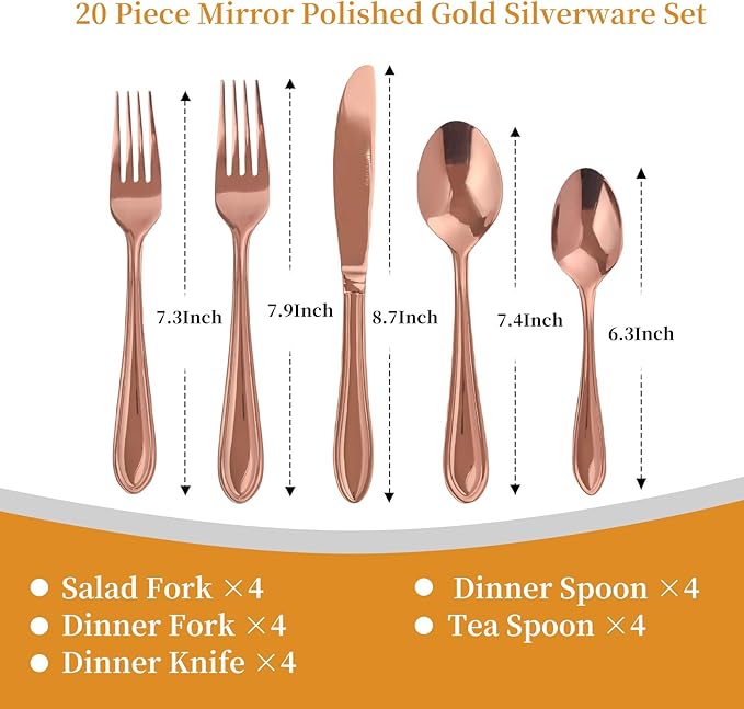 Rose Gold Silverware Set,20-Piece Stainless Steel Flatware for 4, Heavy-Duty 18/0 Stainless Steel Utensils,Mirror Polished Dishwasher Safe for Home & Kitchen Dining