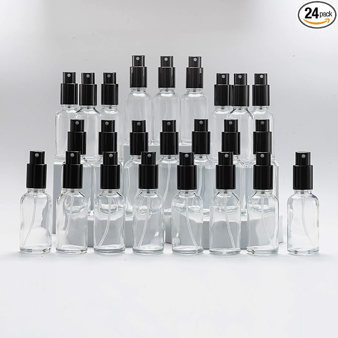YIZHAO Clear Glass Spray Bottles 1oz, with Small Fine Mist Spray, Metal Cap, Refillable for Essential Oil,Travel,Cleaning,Perfume,Aromatherapy,Makeup – 24 Pcs