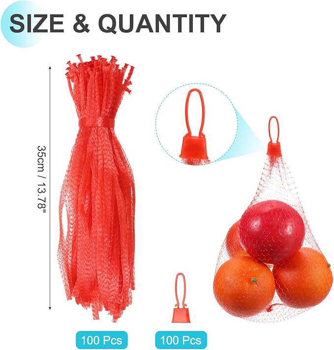 uxcell 100 Pcs Reusable Mesh Produce Bags, 35cm/14 Inch Washable Net Storage Bags Reusable Grocery Reusable Storage Bags with Plastic Buckle for Fresh Fruit Vegetables Seafood, Red