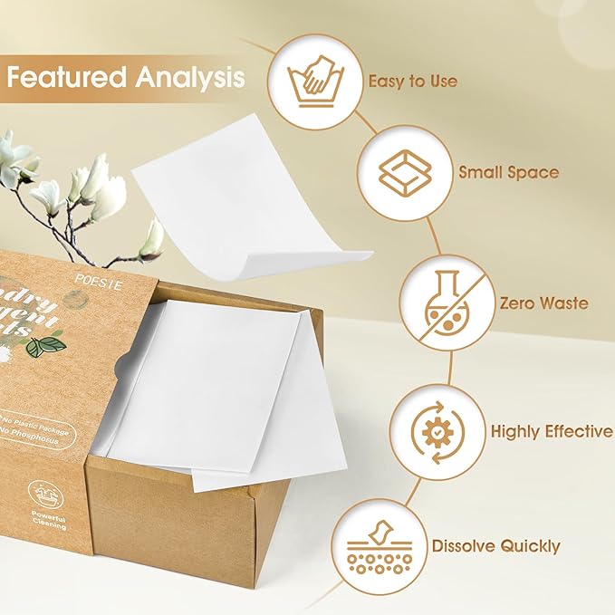 Poesie Laundry Detergent Sheets Magnolia Scent 160 Sheets 80 Large Loads Liquidless Effective Cleaning Zero Waste for All Washing Machine Traveling Dorm Life Save Space