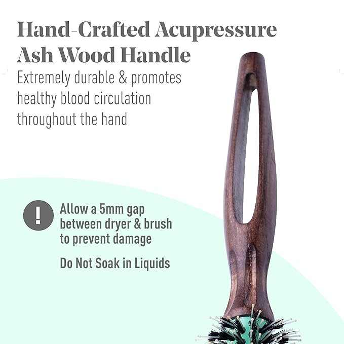 MINT Eco-Friendly Boar Bristle Round Brush for Blow Drying | Durable Blowout Styling for All Hair Types | Ceramic Round Brush with Hand-Crafted Wooden Handle (20 mm)