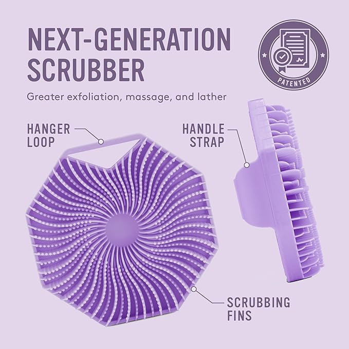 Sud Scrub® Antimicrobial Silicone Body Scrubber, Exfoliating Body Scrubber for Sensitive Skin, Eco Friendly Shower Scrubber for Body, Silicone Body Brush for Showering, Purple
