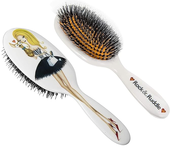 Rock & Ruddle Natural Mixed Boar Bristle Hair Brush for Women and Kids (Large, 21cm) - Perfect for Wet or Dry Hair, Detangling Smoothing Blowdrying - Designed & Made in UK - Miss Daisy Evening Design