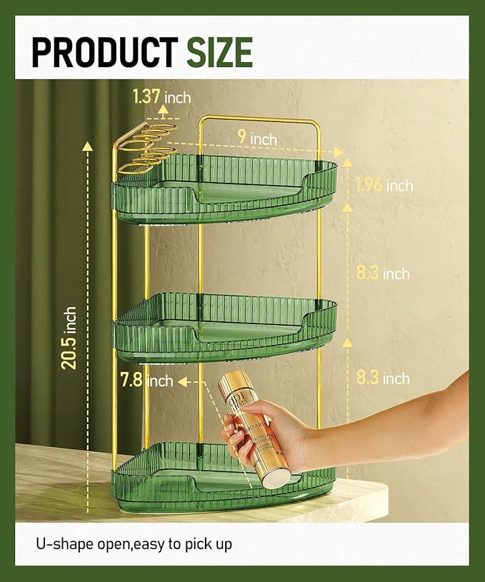 3-Tier Corner Bathroom Counter Organizer Makeup Cosmetic Storage, Tool-Free Installation Acrylic Vanity Shelf, Skin Care Organizer Perfume Tray for Countertop Bathroom, Dresser, Kitchen (Green)