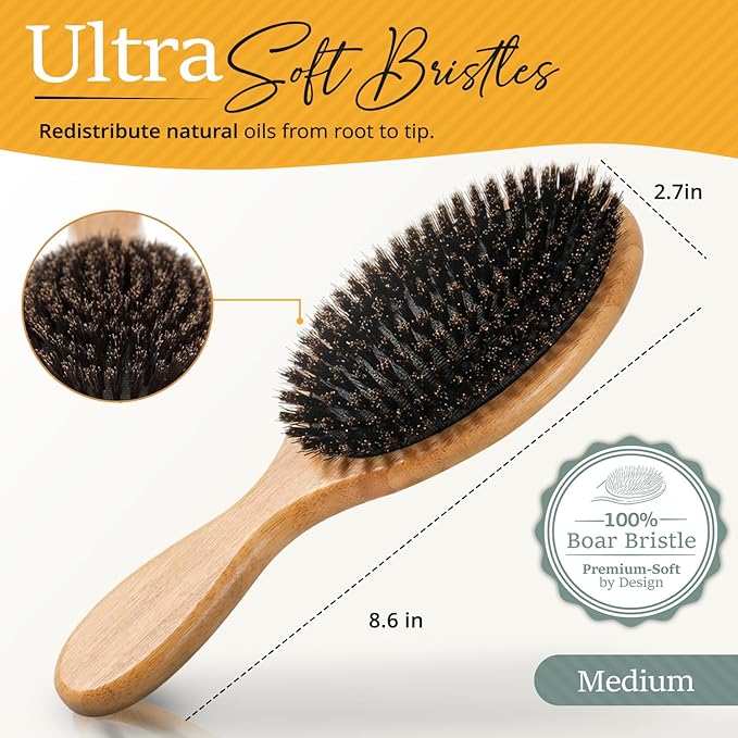 Belula 100% Boar Bristle Hair Brush Set (Medium). Soft Natural Bristles for Thin and Fine Hair. Restore Shine And Texture. Wooden Comb, Travel Bag and Spa Headband Included!
