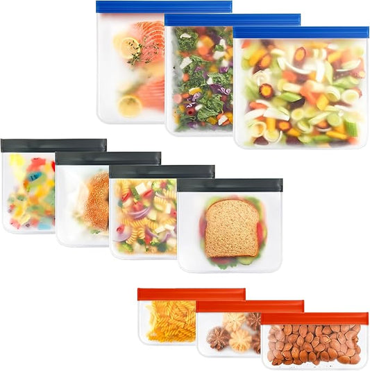 10-Pack Extra Thick Reusable Silicone Food Storage Bags – 3 Small, 4 Medium, 3 Large Leakproof BPA-Free Ziplock Bags – Freezer Safe, Dishwasher Safe Meal Prep Set for Marinating, Lunch & Travel