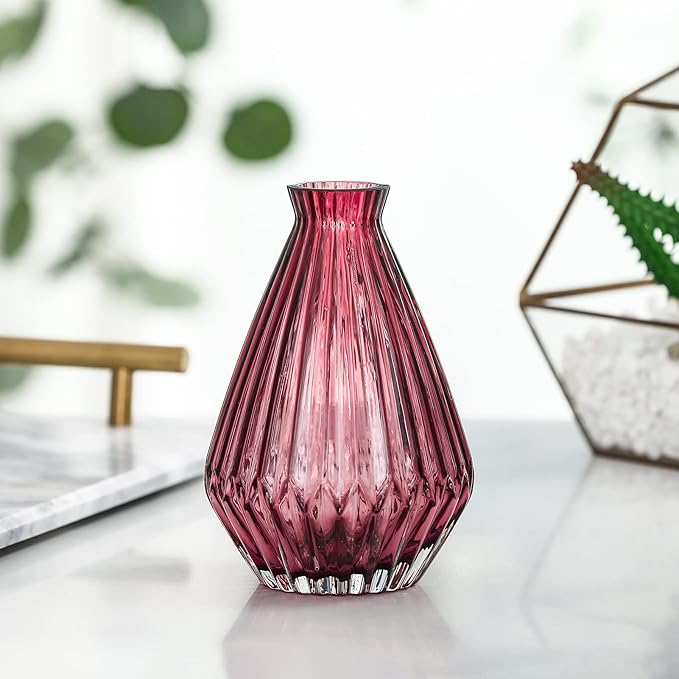 G Red Glass Vases Home Decor, Fluted Glass Vase Hand Blown Thickened Floral Vase for Home Office Party 5.2" H