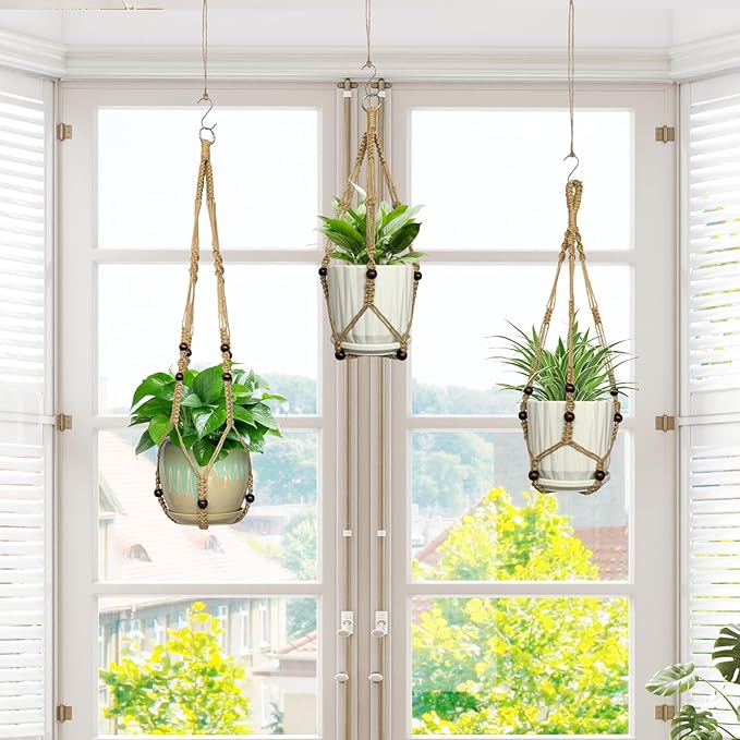 3 Pcs Macrame Plant Hangers,Indoor Different Size Hanging Planter Basket Flower Pot Holder with Beads,No Tassels Hanging Planter Basket with Wood Beads for Indoor Outdoor Home Decor