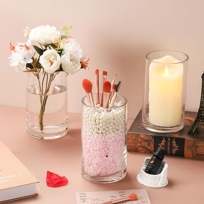 4" Wide 7" High Large Hand Blown Sturdy Clear Cylinder Glass Vase, Centerpiece Flower Vase for Rose, Tulip, Boquets, Hurricane Candle Holder (1, 4"x7")