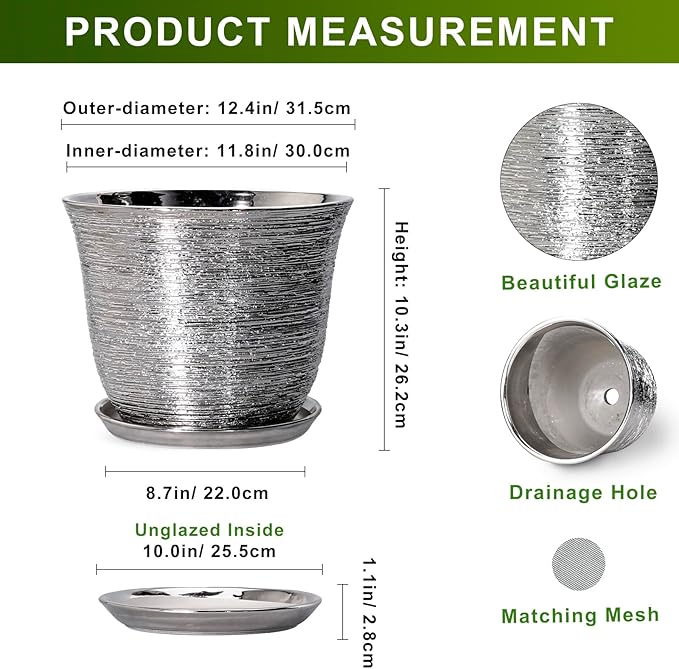 Ceramic Planter - 12 Inch Pots for Plants Indoor Outdoor, Round Planter with Drainage Hole and Saucer, Modern Decorative Planters, Large Plant Pot, House Patio Decor, Garden Gifts, Silver