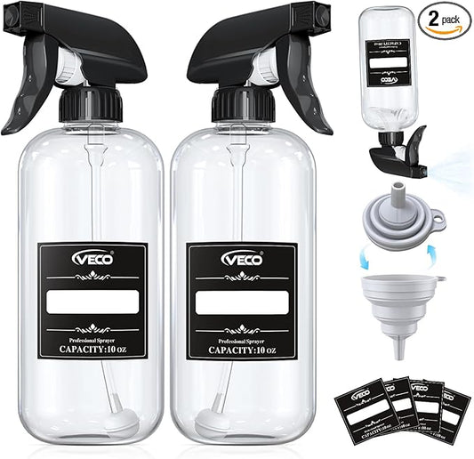 Veco 10oz Spray Bottle with Adjustable Nozzle, 360° Water Spray Bottles for Cleaning Solution, Plastic Spray Bottles for Hair Cooking Plant Pet, No Leak and Clog (2 Pack & Foldable Funnel)