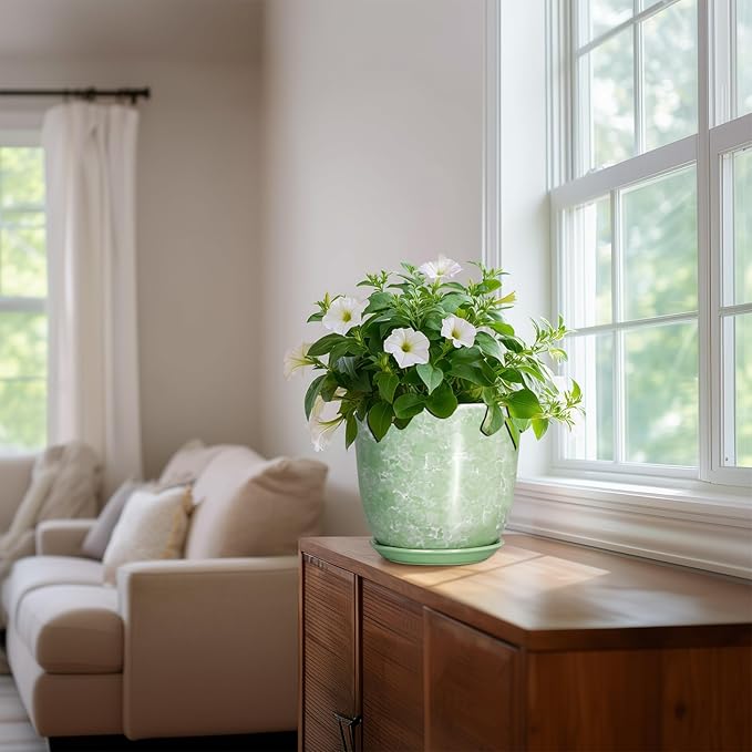 Ceramic Planter - 8 Inch Plant Pot for Indoor Outdoor, Round Flower Pots with Drainage Hole and Saucer, Modern Decorative Planters, Home Office Desk Decor, Gifts for Plant Lovers, Green