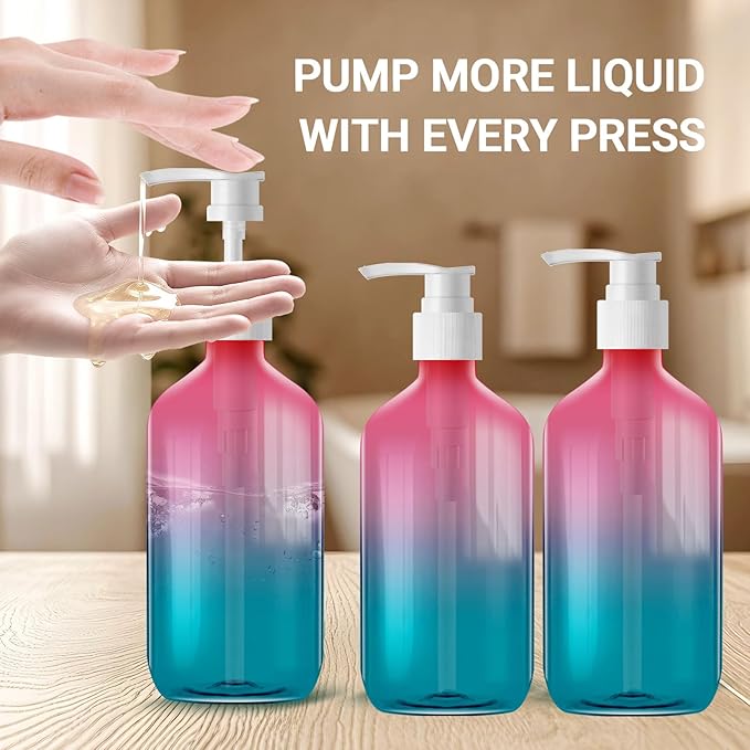 3 Pack Gradient Color Pump Dispenser Bottle, Empty Clear Plastic Soap Dispenser Refillable Pump Containers, 500ml/16.9oz