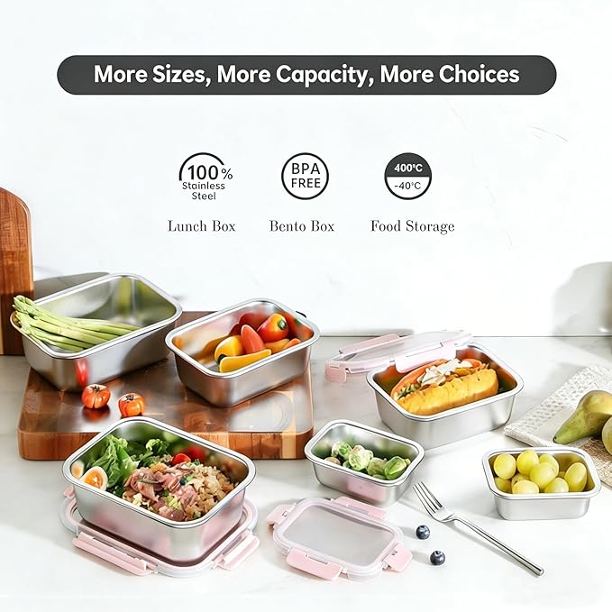 8 PCS-4-Size Stainless Steel Lunch Box- Leakproof & Dishwasher Safe, Stackable Stainless Steel Food Containers, Metal Bento Box for Work,Travel (58/41 /24 /14Oz, Pink)