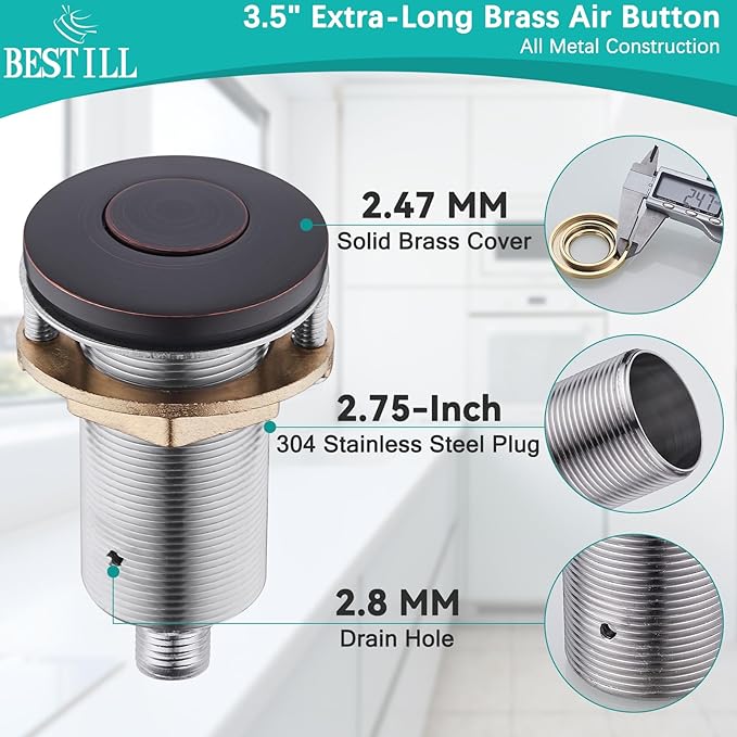 BESTILL Garbage Disposal Air Switch Kit - UL Listed, Brass 3.6" Long Push Button for Waste Disposer, Cordless Sink Top Switch Button, Oil Rubbed Bronze