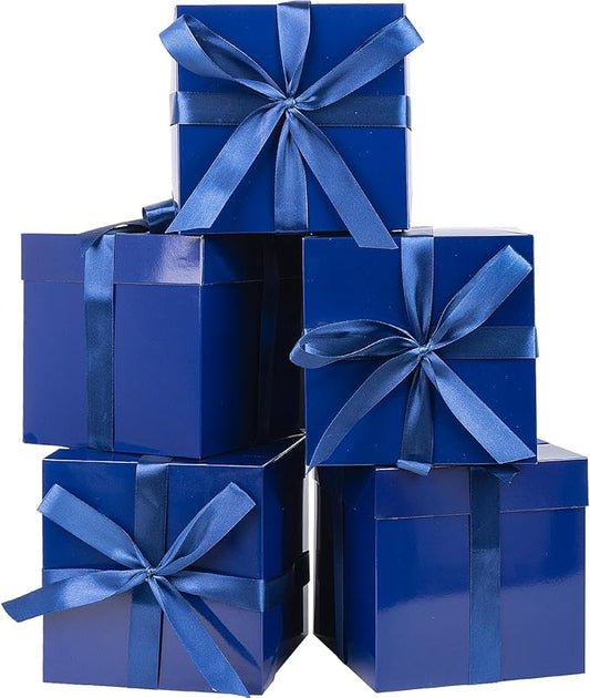 Jaywayang 5 Pack Blue Gift Boxes with Lids, Ribbons and Tissue Papers Square Gift Boxes - 7.1 Inch - Birthday, Wedding, Presents Wrapping, Father's Day, Valentine's Day Decoration Party Favor Boxes.