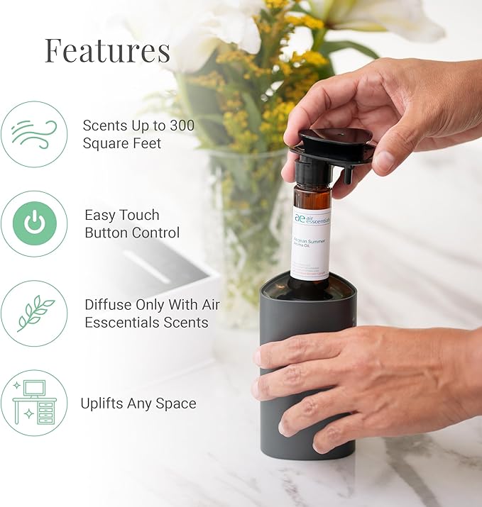 Air Esscentials The Mini Essential Oil Diffuser for Home, Waterless & Smart Portable Diffuser for Essential Oils, USB-C & Rechargeable with Adjustable Settings, Covers 300 Sq. Ft., Black