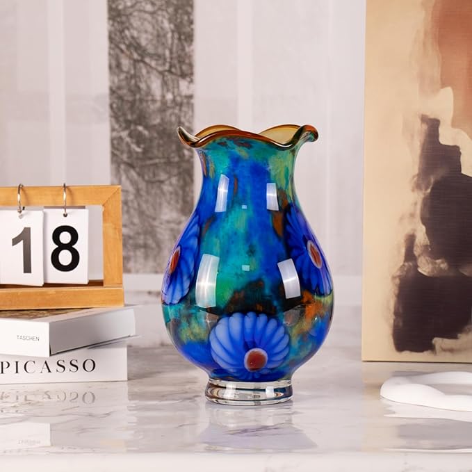 KAMMAK Colored Glass Vase, Beautiful Hand Blown Decorative Vase, Modern Art Vase for Flower Mantle Dining Table Centerpiece, Entryway Living Room Wedding Decoration, FH024