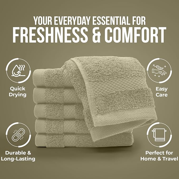 DAN RIVER 12-Pack Premium 100% Cotton Beige Face Towels – Reusable Face Towel Set, Soft & Absorbent Thin Wash Cloths for Bathroom & Body – Hand and Face Towels, 550 GSM (12x12 in)