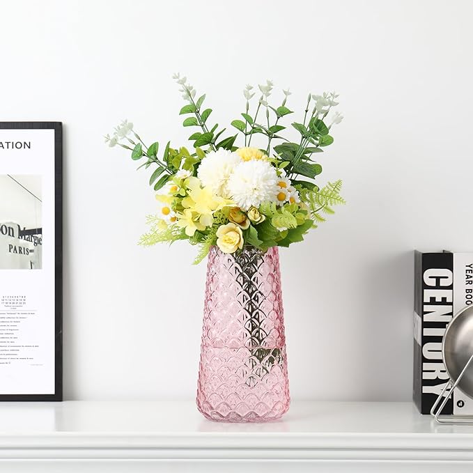 Glass Vase, Pink Flower Vase for Bouquet, Large Glass Vases for Flowers, Modern Vases for Living Room, Bedroom, Dining Table, Office, Kitchen, Wedding, 9 Inches