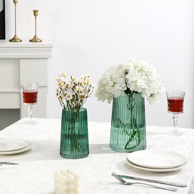 Ribbed Flower Vases Set of 2, Green Vases for Flowers, Flower Vase for Bouquet, Modern Ribbed Glass Vase for Living Room, Bedroom, Dining Table, Office, Wedding, Centerpieces