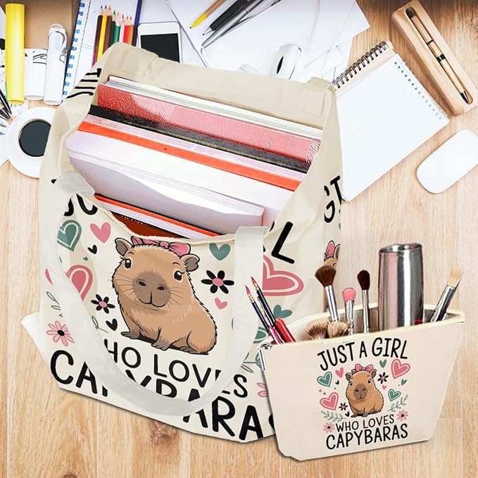 A Girl Loves Capybaras Capybara Gifts for Girls Cute Capybara Stuff Accessories Canvas Tote Bag Makeup Cosmetic Bag Beach Bags for Women Sister Girl Birthday Weekender Friendship Graduation Christmas
