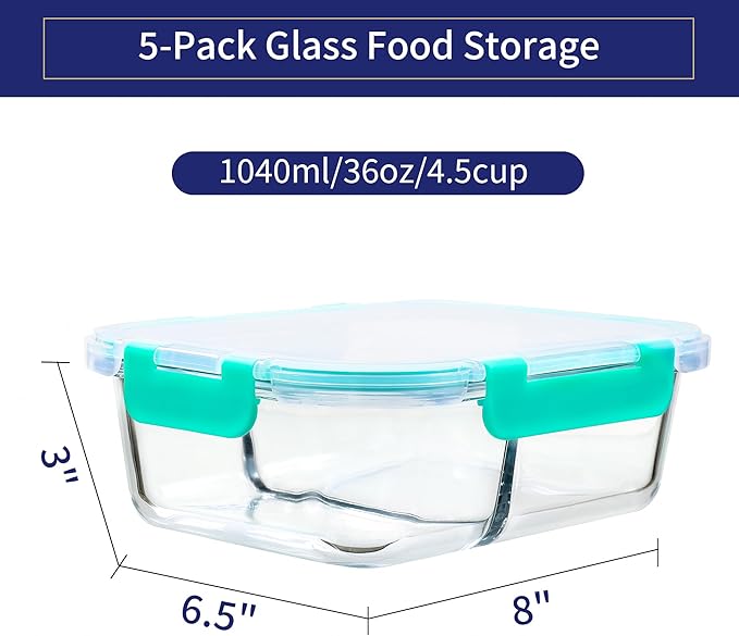 MFY 5-Pack 36 OZ Glass Storage Containers with Lids, Glass Meal Prep Containers 2 Compartment Set, Airtight Lunch Containers with Lids, Microwave, Oven, Freezer and Dishwasher Safe, Green