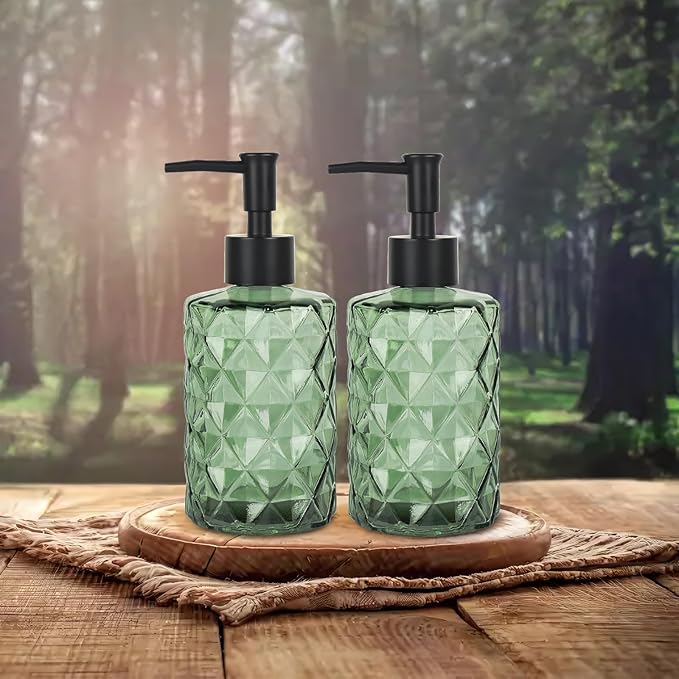Clear Green Glass Soap Dispenser with Pump, 12oz Diamond Design Hand Soap Dispenser, Refillable Lotion Dispenser & Dish for Dishwashing Liquid, Shower Gel