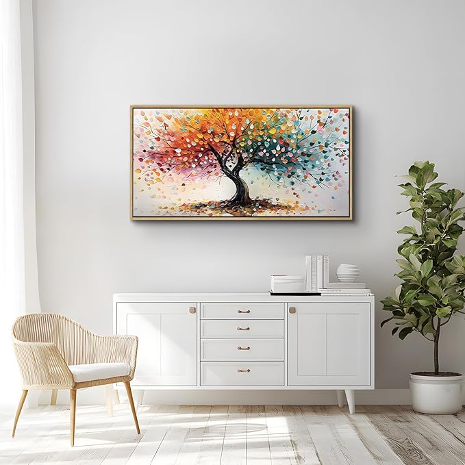 crmotu Large Framed Wall Art, Colorful Tree of Life Canvas Painting, Abstract Rainbow Tree Art Prints, Nature Plant Pictures Wall Decor Living Room Bedroom Bathroom Office, Modern Home Decor 20"X40"