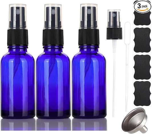 1 oz Glass Blue Spray Bottles,Small Empty Fine Mist Refillable Travel Spray Bottle for Cleaning,Perfume,Aromatherapy,Cosmetic Sprays,Hair,Essential Oils with Fine Mist Dispenser（3 Pack）