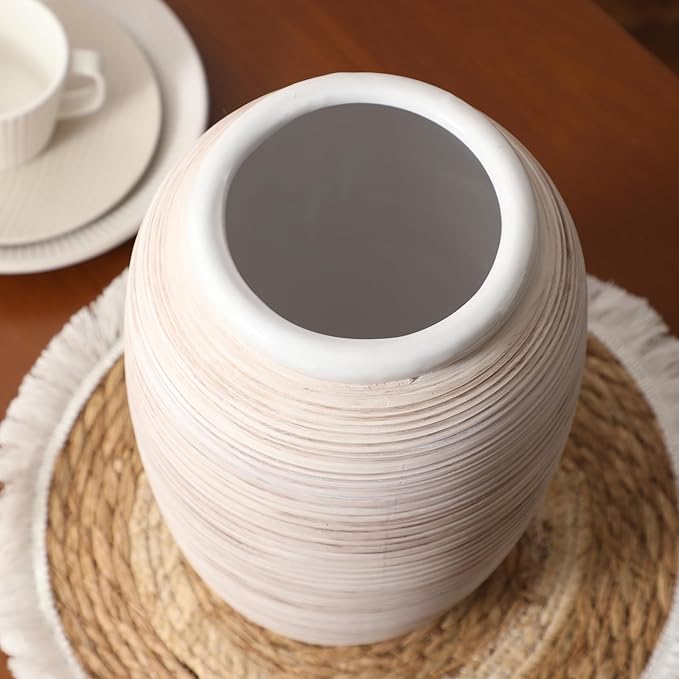 ALMA Wide Mouth Large Ceramic Vase, 12'' Tall White Rustic Pampas Grass Vase for Table Centerpieces, Boho Decorative Vase for Living Room, Farmhouse, Entryway, Mantel, Bookshelf, Home Decor