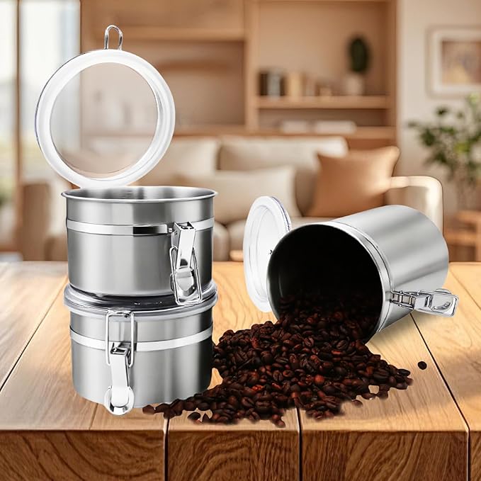 Airtight Coffee Canister, Coffee Storage Containers, Stainless Steel Kitchen Food Storage Jar for Grounds Coffee, Beans, Tea, Sugar, Flour, Cereal (Silver-1.8L*1+1.2L*2)