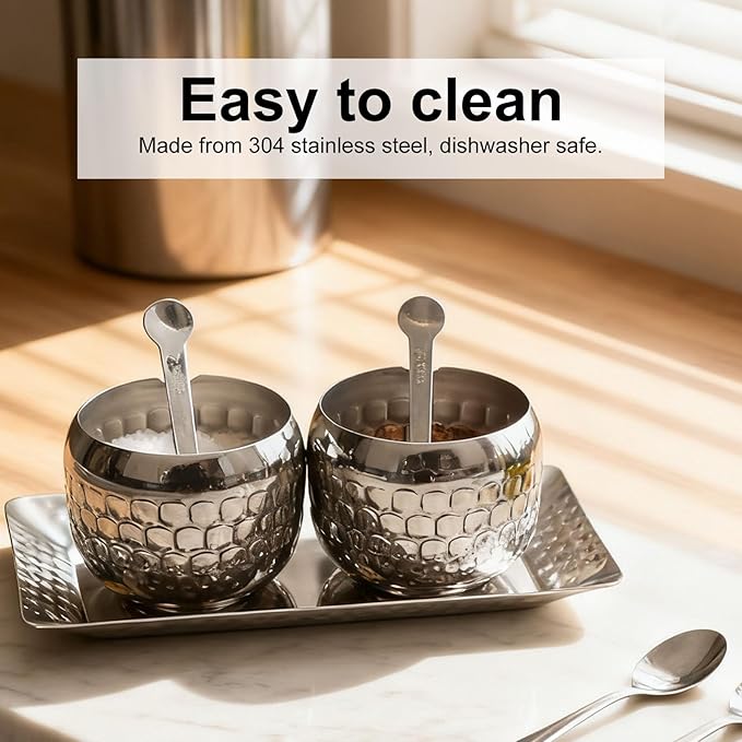 Diydeg Seasoning Jars, Stainless Steel Seasoning Jars Sugar Bowl Metal Seasoning Pots Condiment Jar Container with Clear Glass Lids Spoons Tray for Kitchen