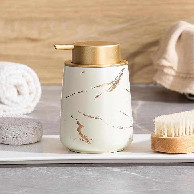 Enra Ceramic Foaming Soap Dispenser -12oz Modern Foam Gold Hand Soap Dispenser Bathroom, Refillable Dish Wash Soap Bottle for Kitchen with Large Pump(Glod Foam Type-Beige)