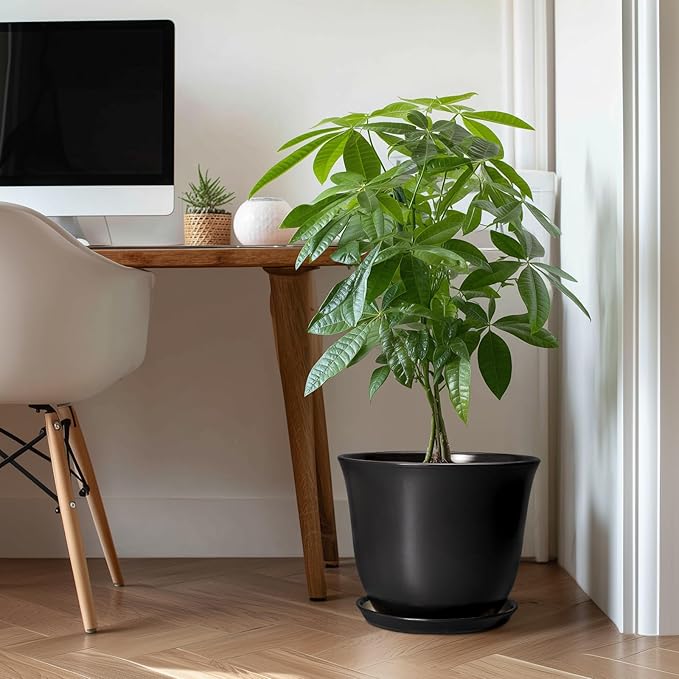 Ceramic Plant Pots - 12 Inch Plant Pot for Indoor Plants Outdoor, Large Planter with Drainage Hole and Saucer, Round Planters, Modern Flower Pot, Garden Patio Home Decor, Garden Gift, Black