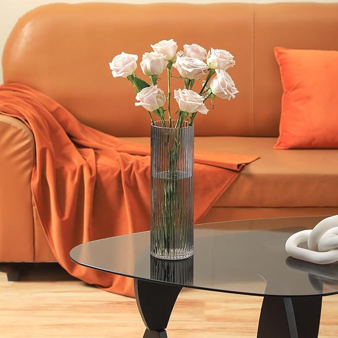 Black Glass Vase, Glass Flower Vase, Ribbed Glass Vase, Black Vase, Tall Cylinder Glass Vases for Centerpieces, Living Room, Bedroom, Dining Table, Office, Wedding, Bookshelf, 12 Inches