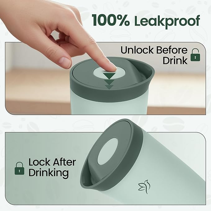 Travel Coffee Mug Tumbler, Reusable Iced Coffee Hot Coffee Cup, Double Wall Insulated Thermal Stainless Steel Material, Gift for Women Men, Perfect for Camping Travelling, 12 oz, Pastel green