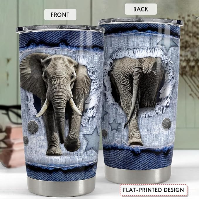 SANDJEST Elephant Tumbler 20oz Stainless Steel Insulated Tumblers Coffee Travel Mug Cup Jeans Drawing Style Elephants Gifts for Women Men Gift for Birthday Christmas