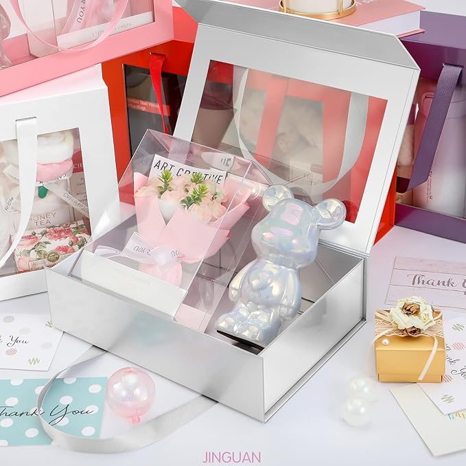 5 Silver Gift Boxes with Windows, Gift Boxes with Lids and Handles, Clear Magnetic Gift Boxes for Presents, Bridesmaid Proposal Boxes (10.5x7.5x3 Inches